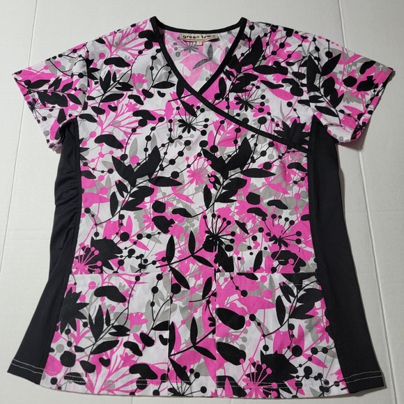 Green Town Scrub Top Womens Size Small Multicolor Leaf Pattern - Picture 7 of 7